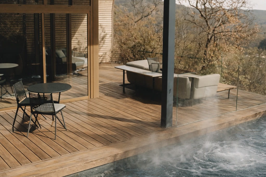 Vapeur au-dessus de la piscine privée chauffée d'un lodge Souki, un matin d'automne, collines de Cabrières en arrière-plan