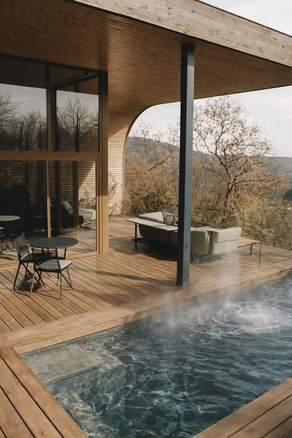 Vapeur au-dessus de la piscine privée chauffée d'un lodge Souki, un matin d'automne, collines de Cabrières en arrière-plan
